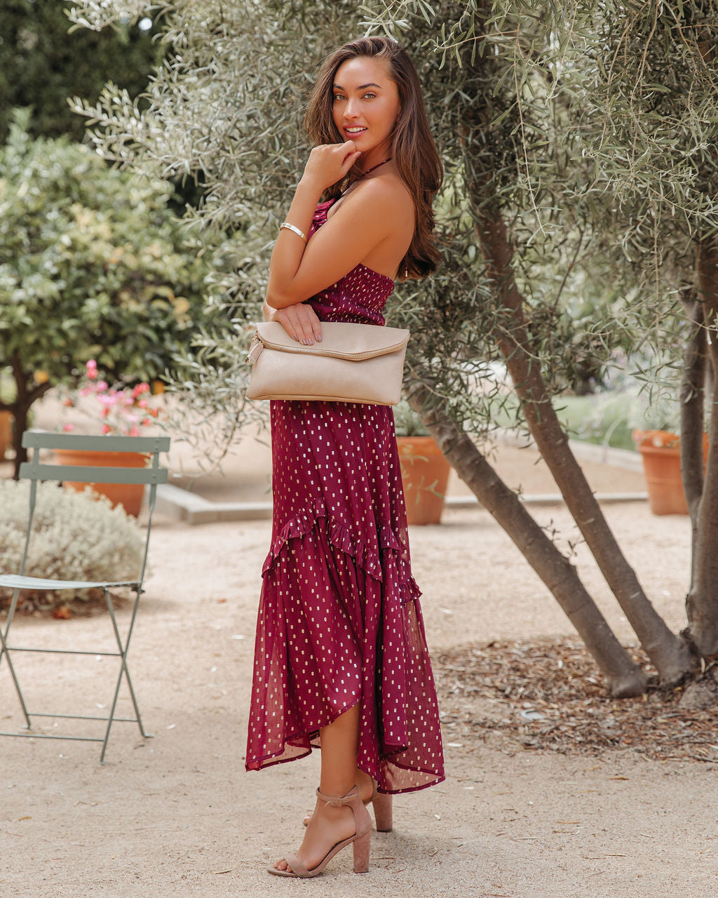 Metallic Remarkable Detailed Halter Midi Dress Wine FINAL