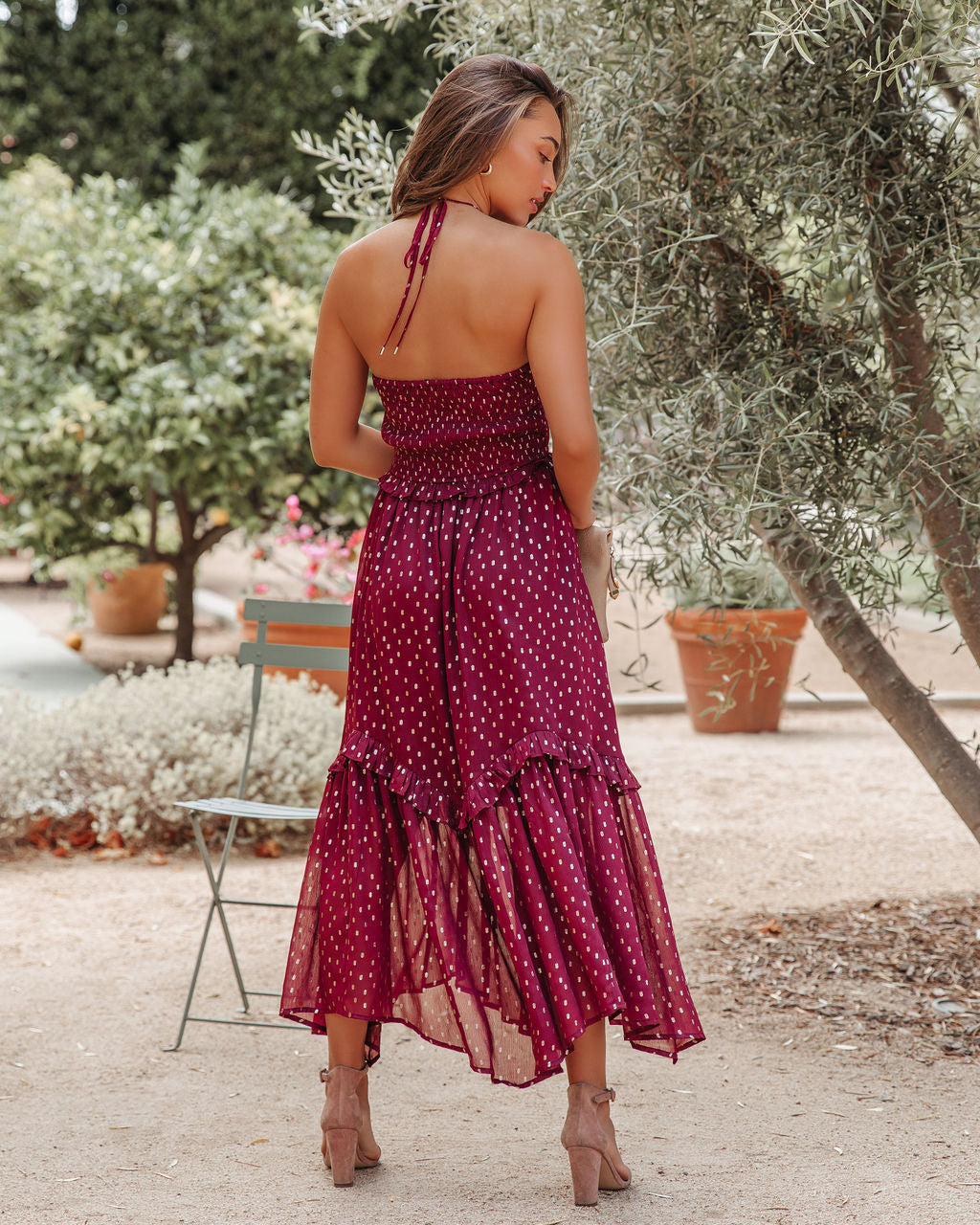 Metallic Remarkable Detailed Halter Midi Dress Wine FINAL