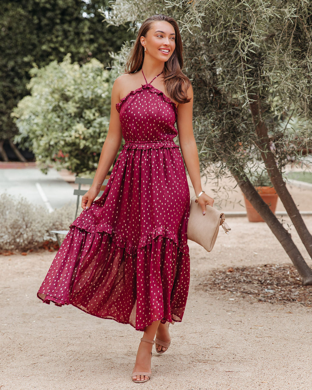 Metallic Remarkable Detailed Halter Midi Dress Wine FINAL