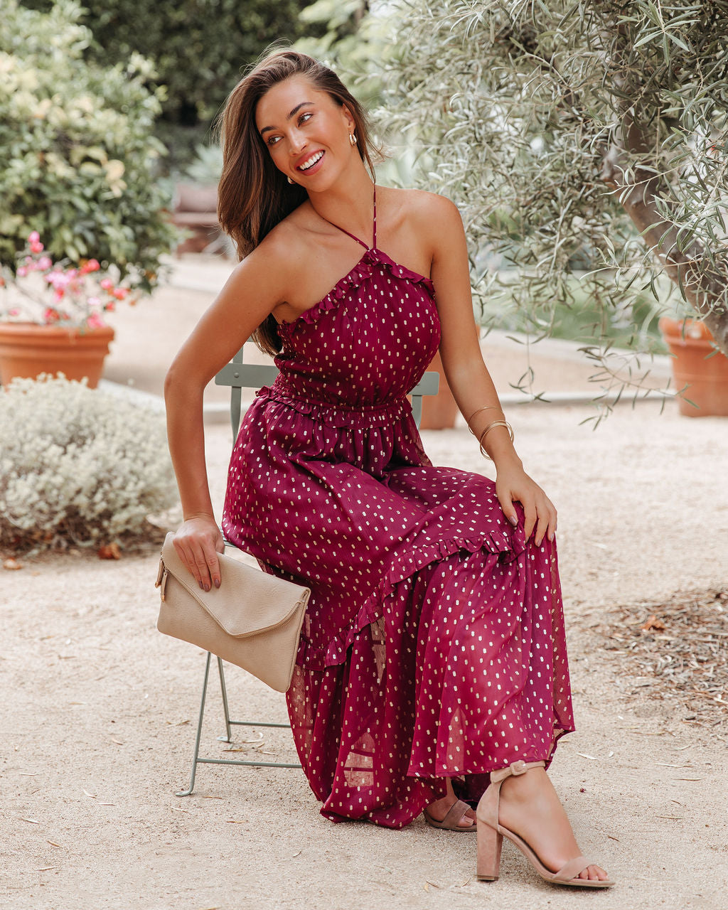Metallic Remarkable Detailed Halter Midi Dress Wine FINAL