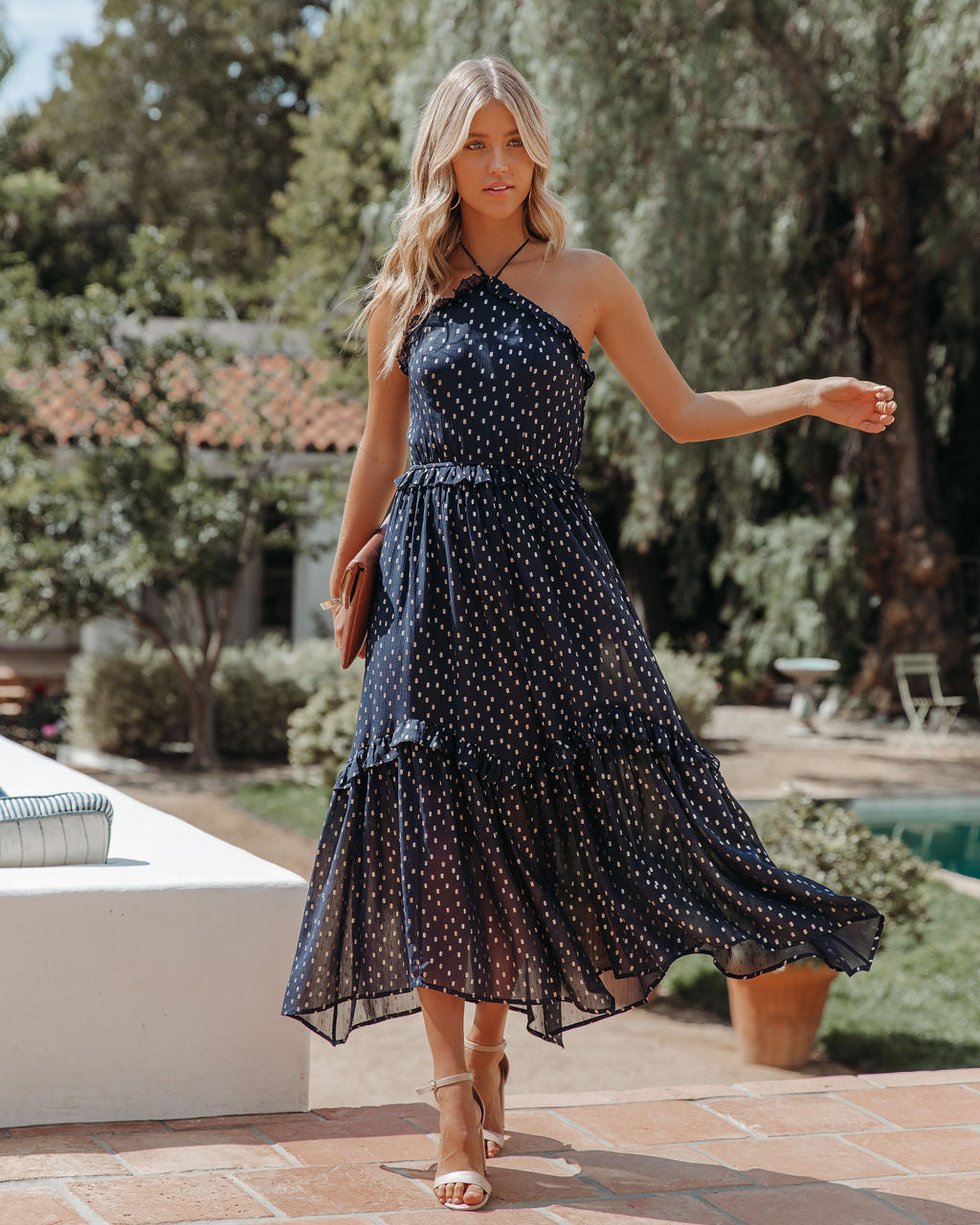 Metallic Remarkable Detailed Halter Midi Dress Navy FINAL