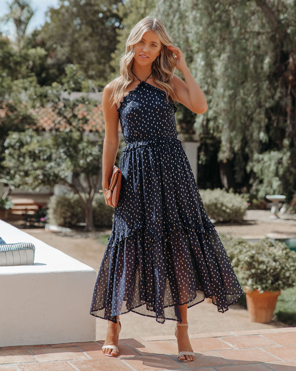 Metallic Remarkable Detailed Halter Midi Dress Navy FINAL