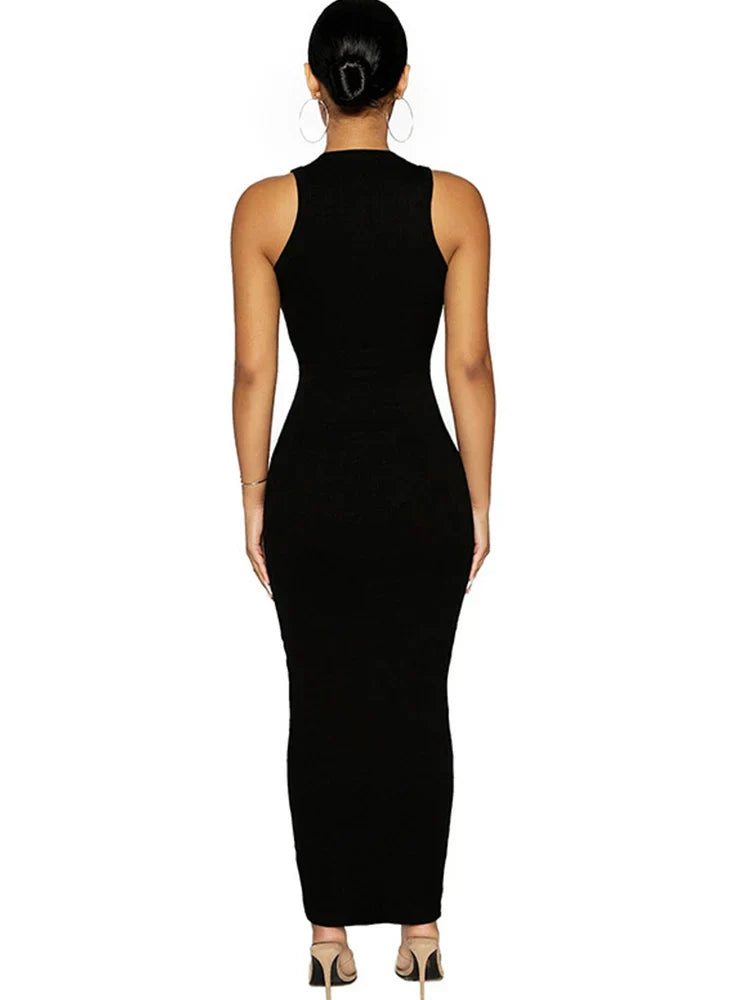 Knitted Ribbed Black Bodycon Long Round Midi Dresses