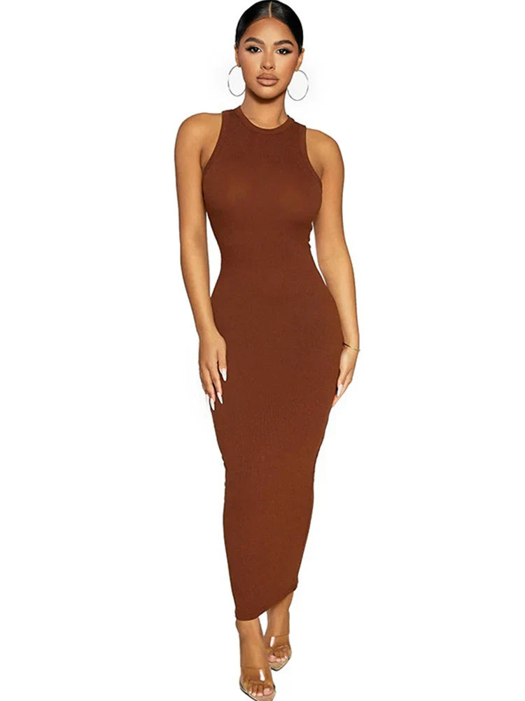 Knitted Ribbed Black Bodycon Long Round Midi Dresses