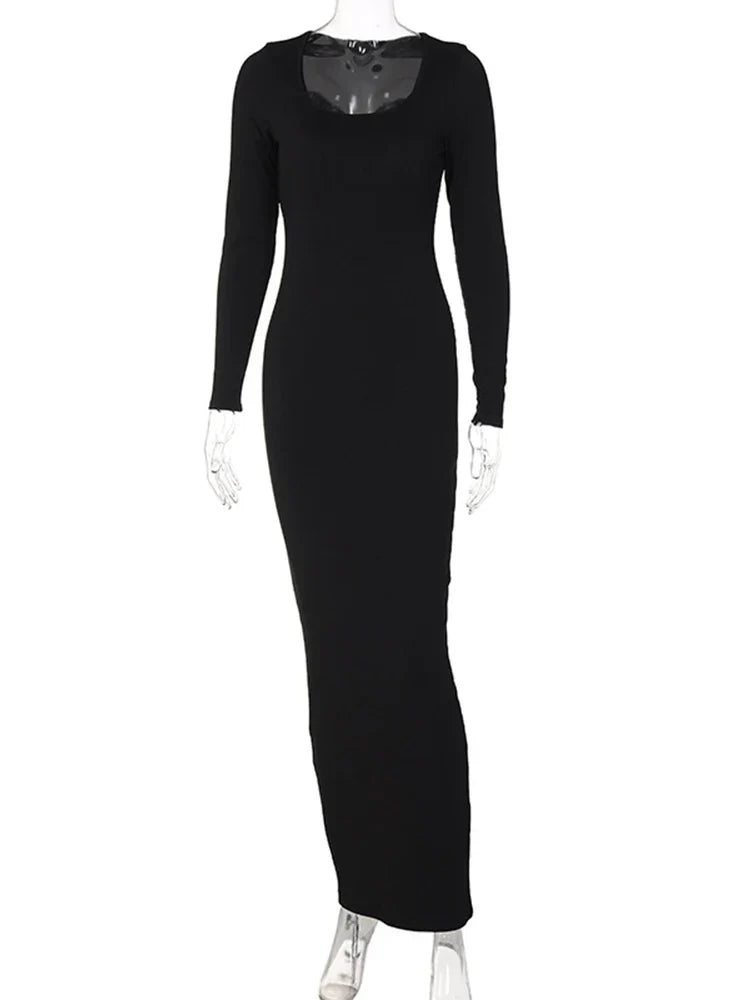 Ribbed Solid Square Neck Fall Evening Refined Mit Midi Dresses