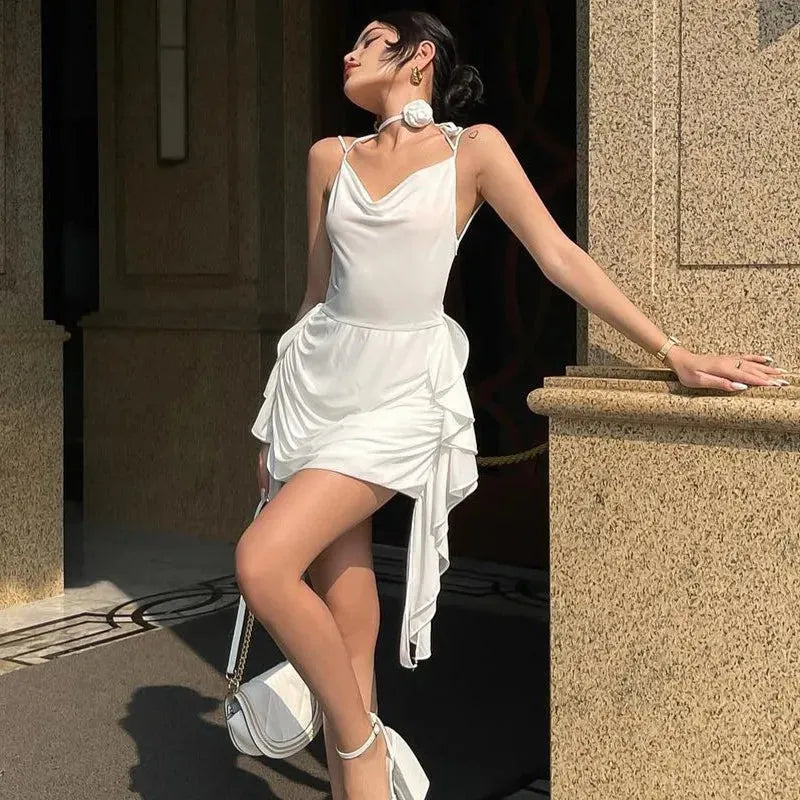 Neck Rose Tie Mini Dress