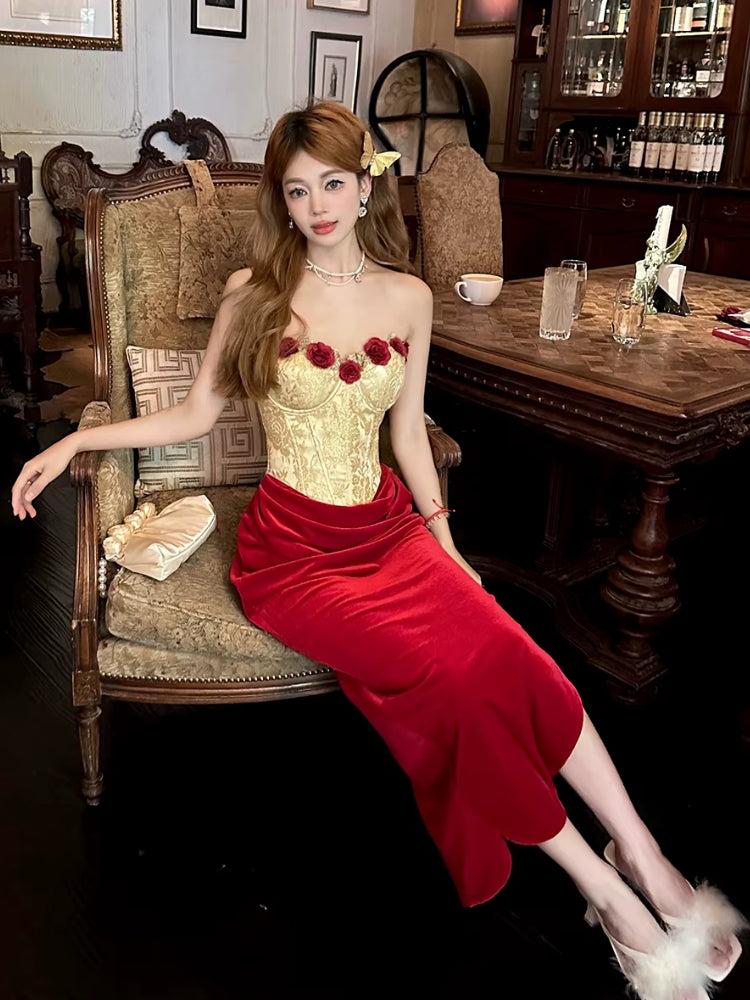Velvet Rose Corset Midi Dress