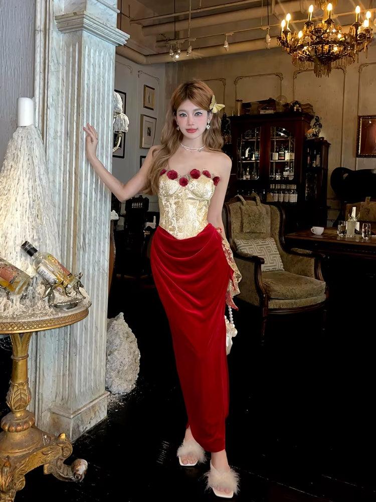 Velvet Rose Corset Midi Dress