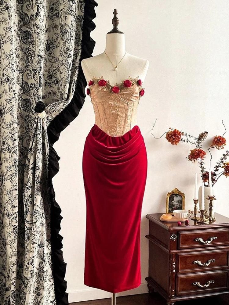 Velvet Rose Corset Midi Dress