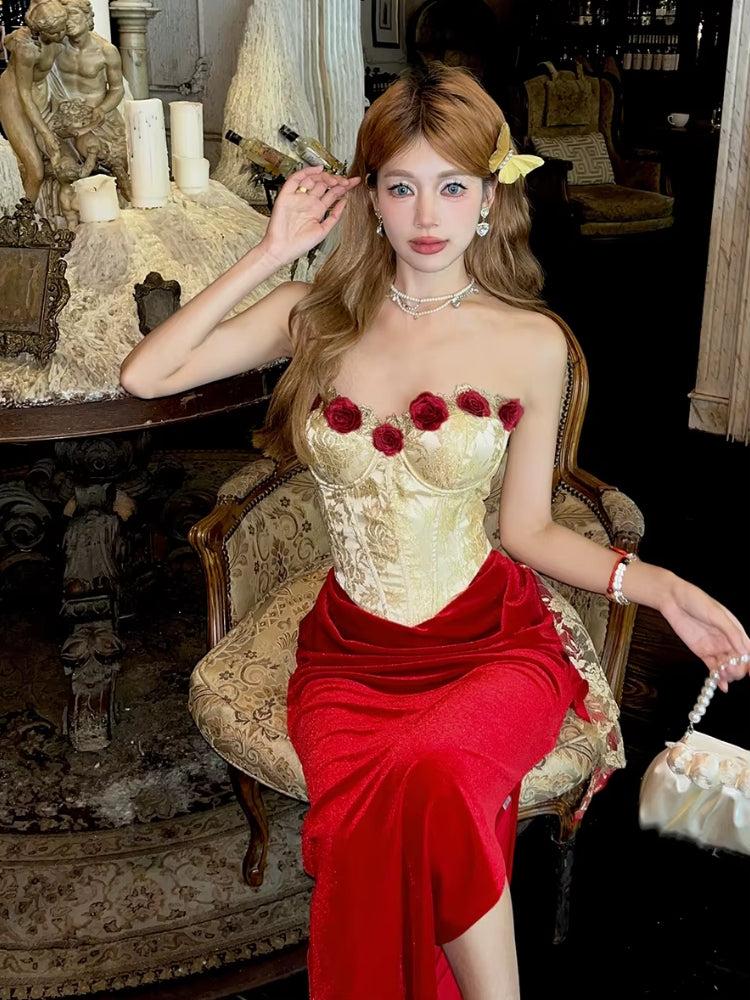 Velvet Rose Corset Midi Dress