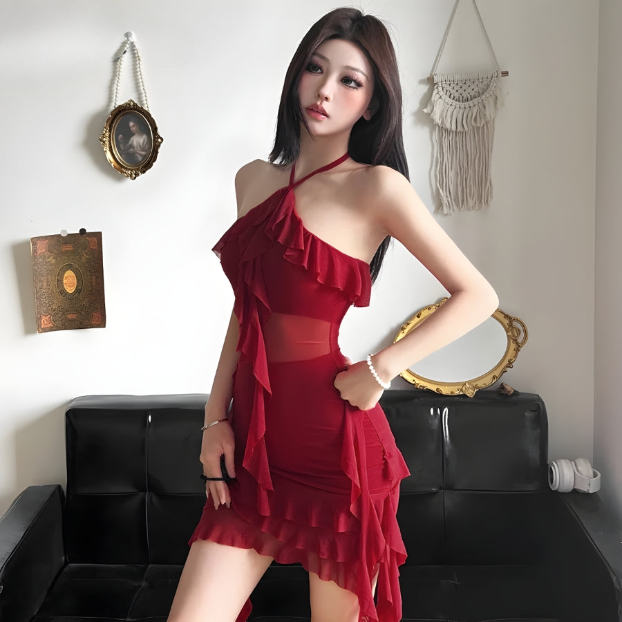 Halter Ruffled Neck Mini Dress