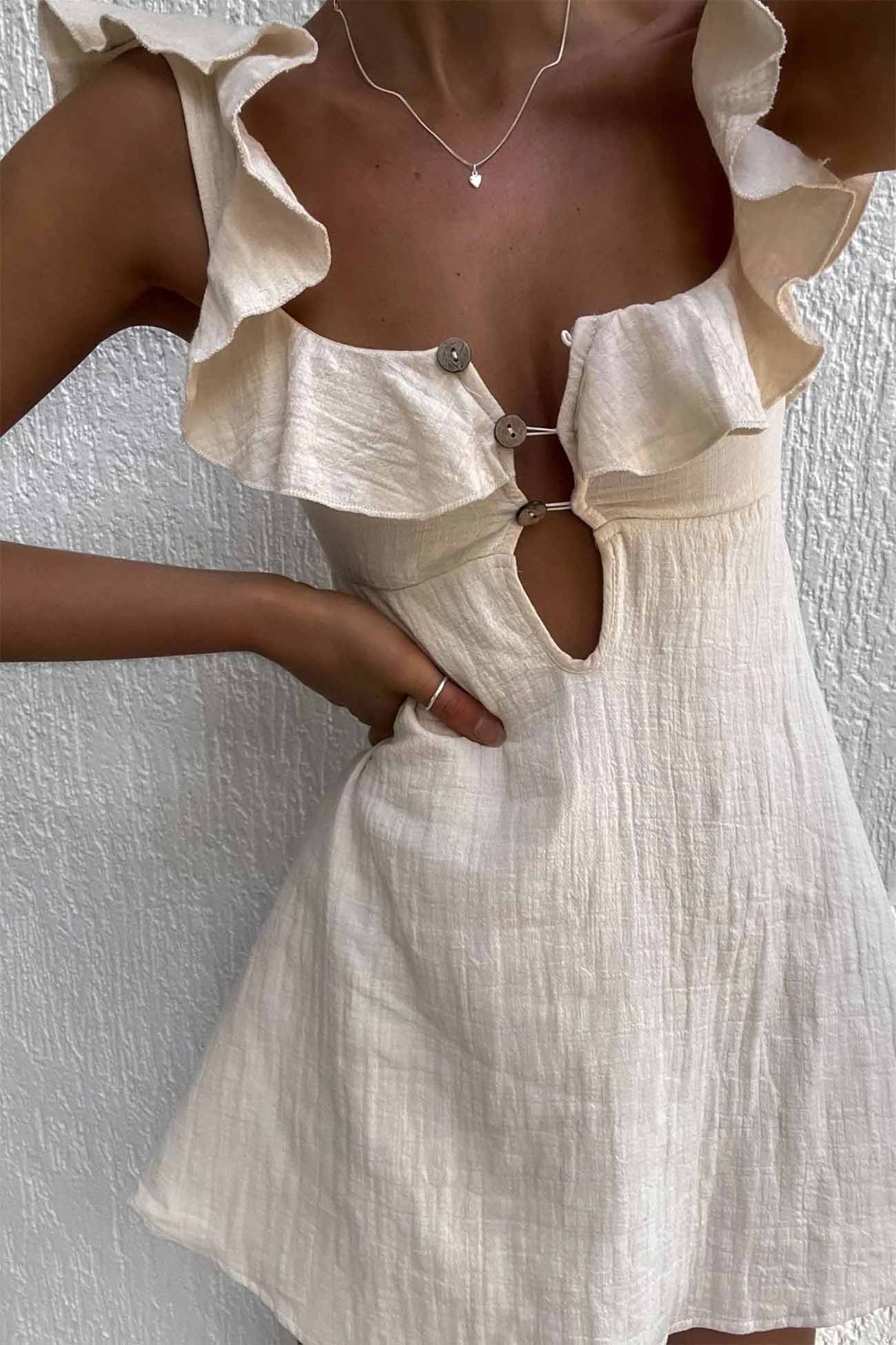 Button Ruffled Down Holllow Mini Dress