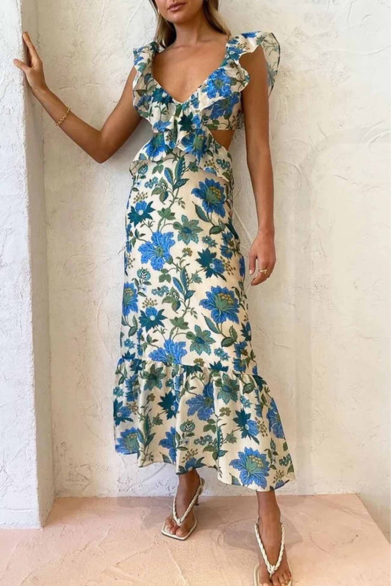 Ruffled Cutout Flower Printed Lace Up Dress
