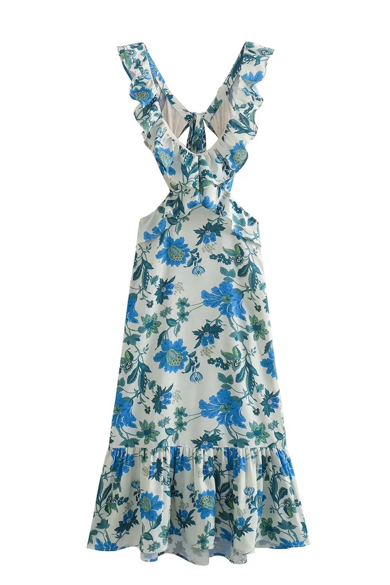 Ruffled Cutout Flower Printed Lace Up Dress