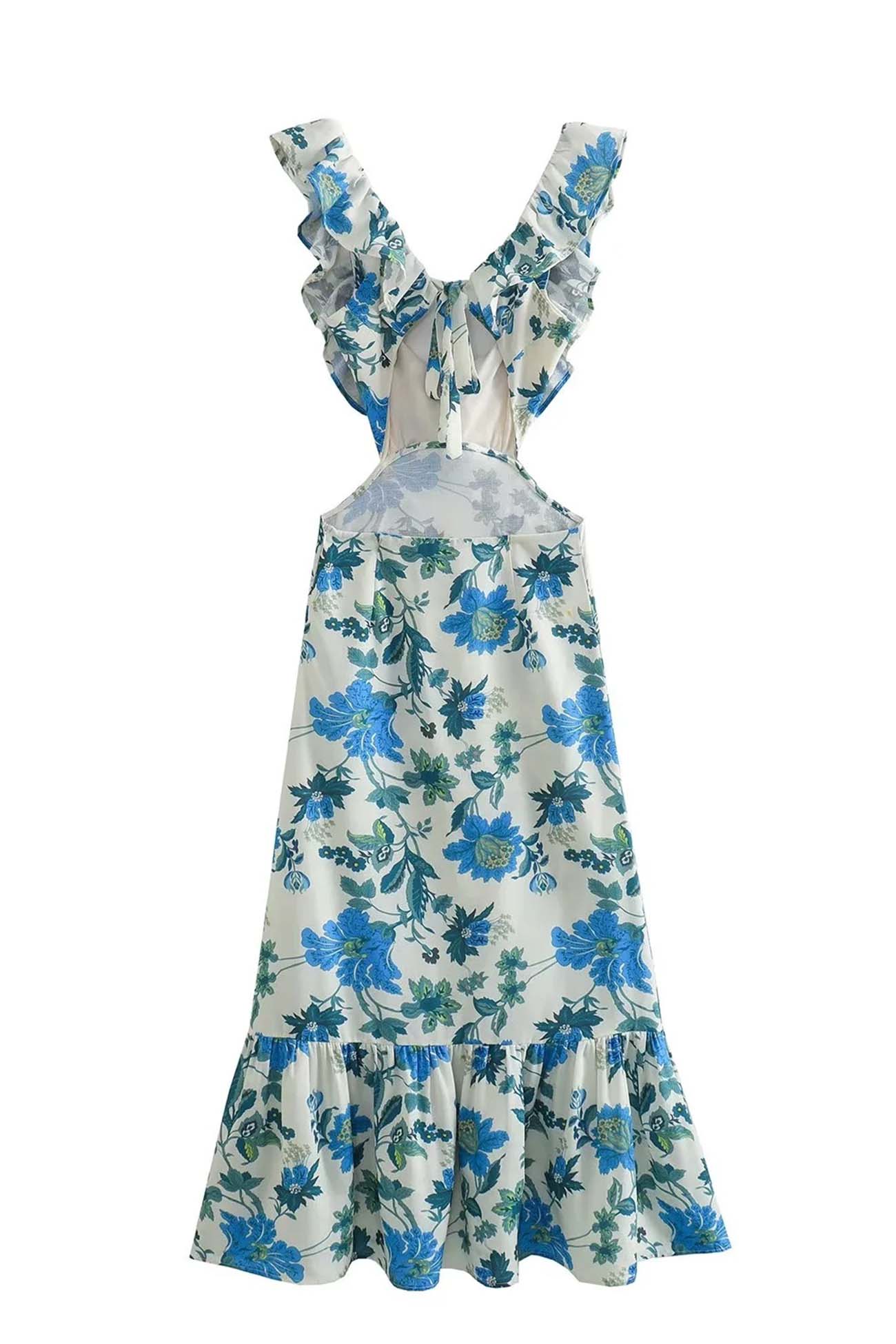 Ruffled Cutout Flower Printed Lace Up Dress