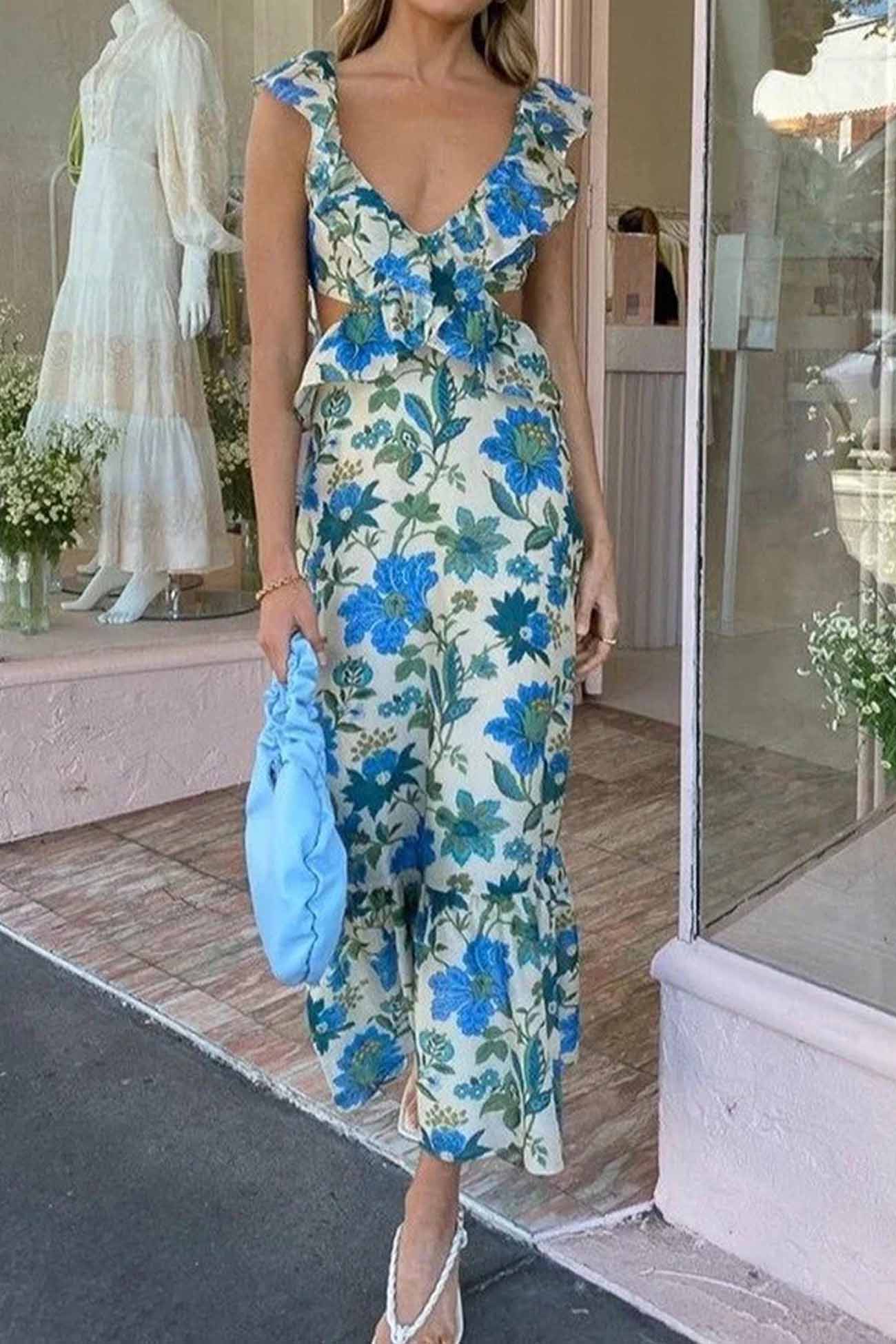 Ruffled Cutout Flower Printed Lace Up Dress