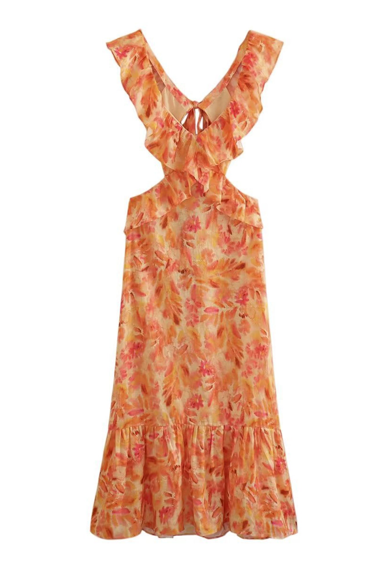 Ruffled Cutout Flower Printed Lace Up Dress