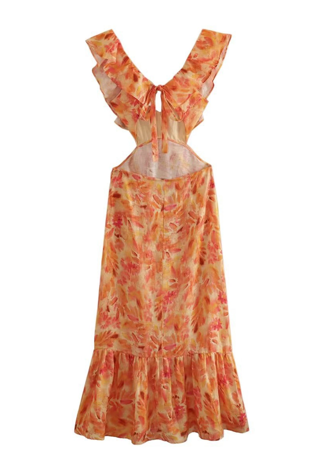 Ruffled Cutout Flower Printed Lace Up Dress