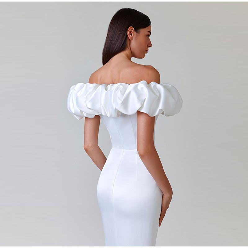 Kissnovaa - One-Shoulder Puff Sleeve Wrap Chest Slit Long Dress