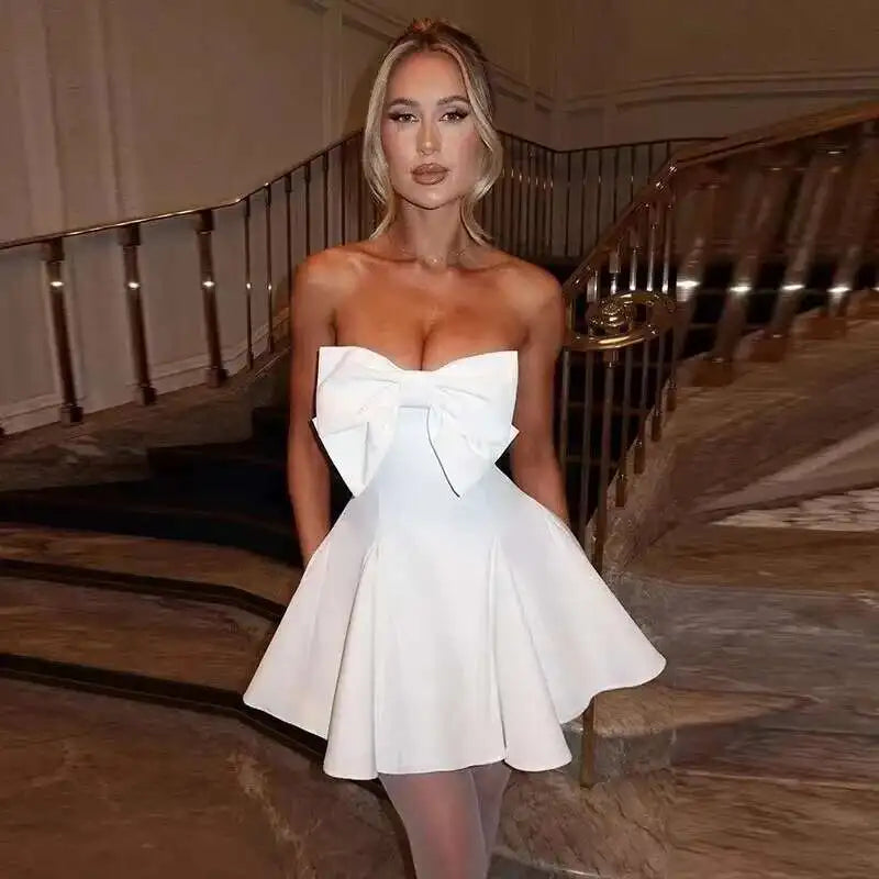 Bow Pearl Waist Wrap Backless Mini Dress