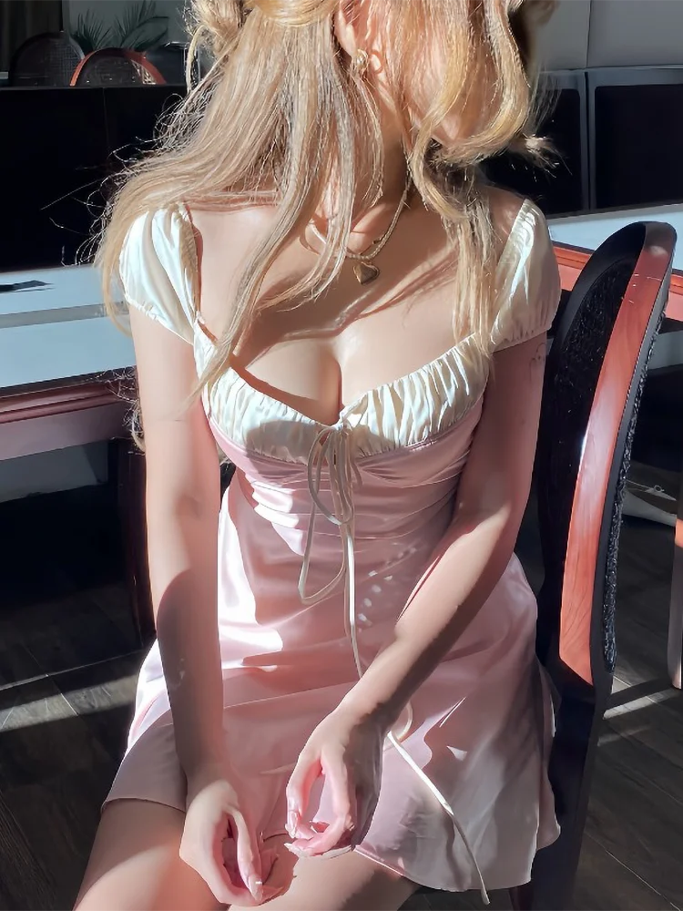 Satin French Bubble Tank Short Dress Women Lacing Retro Chic Sweet Strap Slim A Line Mini Dress Summer Clothes For Female