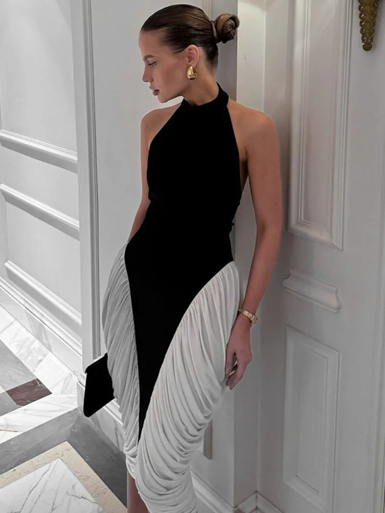 Halter Patchwork Backless Midi Dress