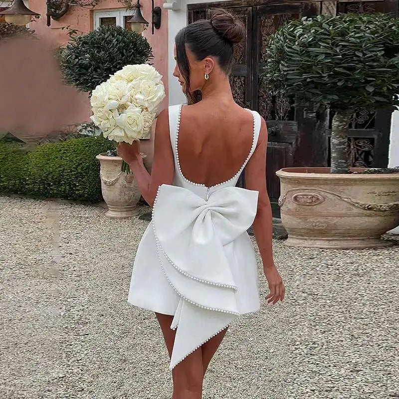 Bow Pearl Waist Wrap Backless Mini Dress