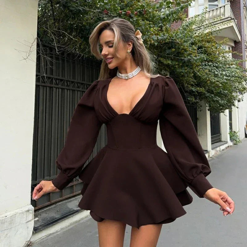 Sexy Low Cut Long Sleeve Pleated Mini Dress Women Graceful Wrap Waist Slim Party Vestido Spring Fall Harajuku Y2K Clothes