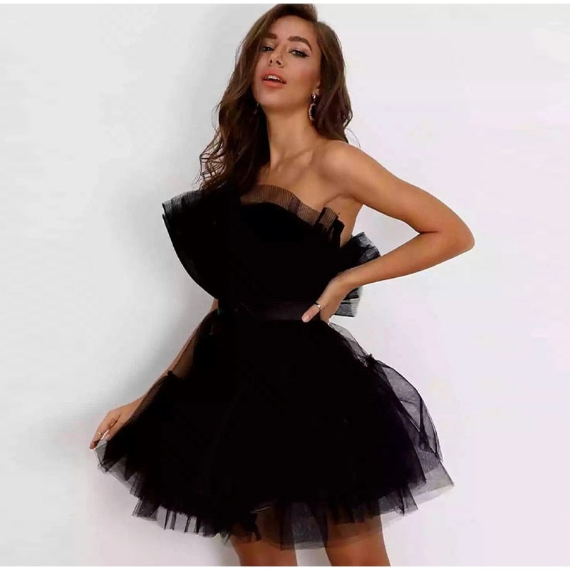 Kissnovaa - Off Shoulder Mesh Tutu Dress Bodycon Lace Short Dress