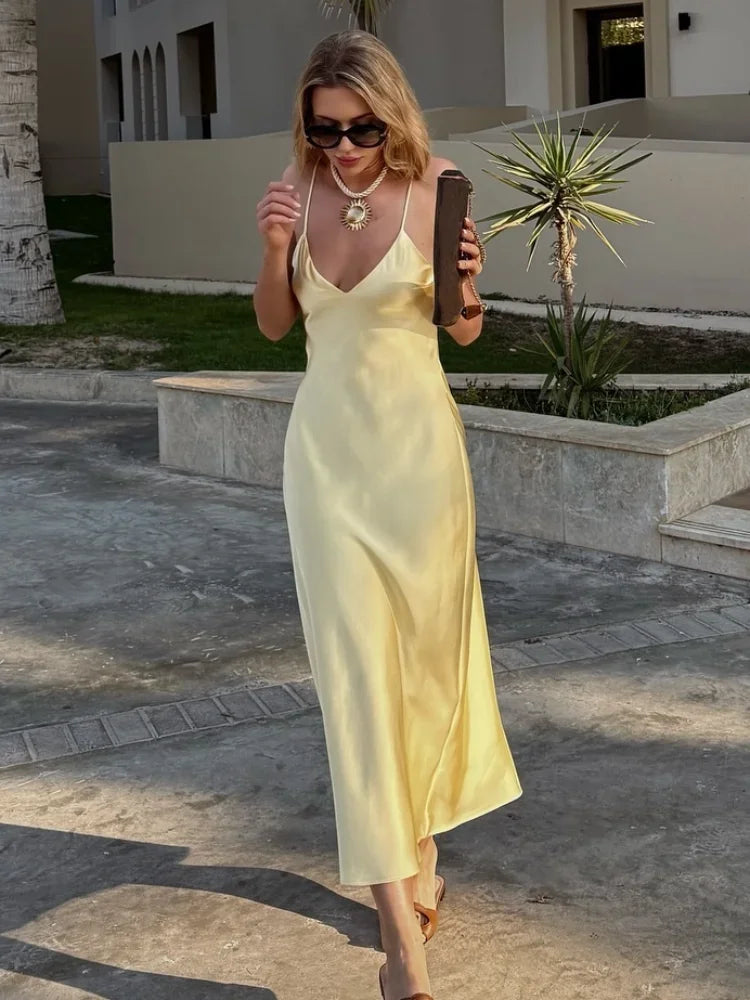 Stain Yellow Sling Midi Dress