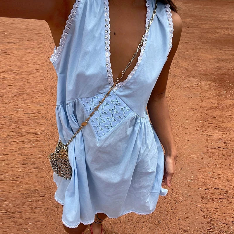 Trim Lace V Neck Flowy ALine Mini Dress