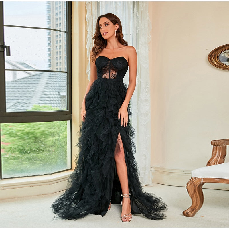 Kissnovaa - Lace Mesh Off Shoulder High Waist Evening Dress