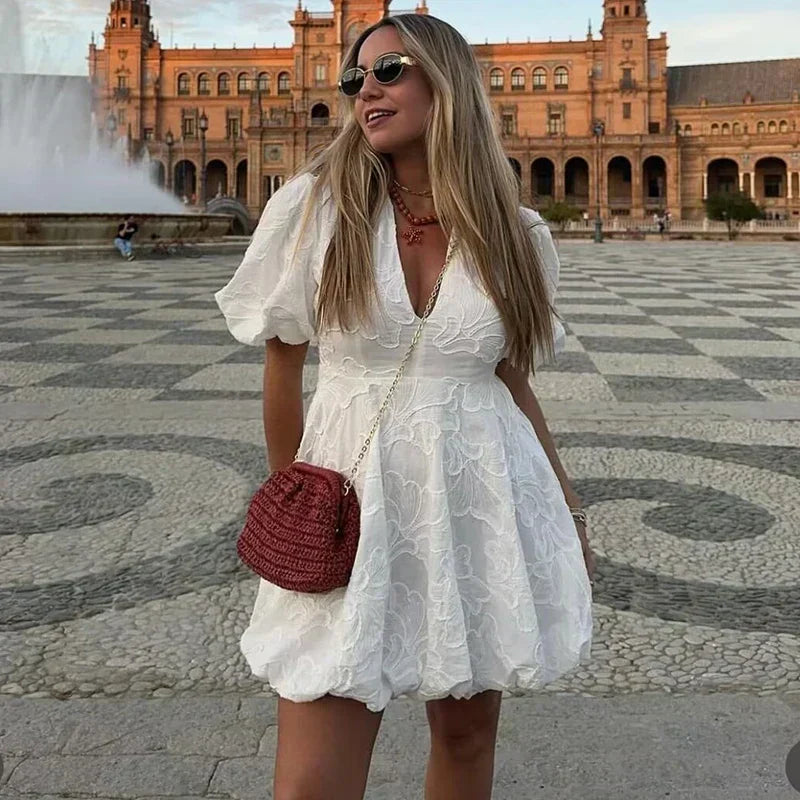 Minimalist Claudia White Mini Dress with Puff Sleeves Elevated Occasion Wear
