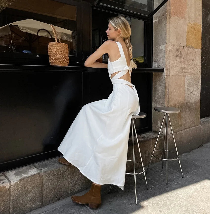 Summer White Refined Midi Dress Women Chic Sleeveless Waist Hollow Out Long Dresses Streetwear Fashion Lace up Vestidos