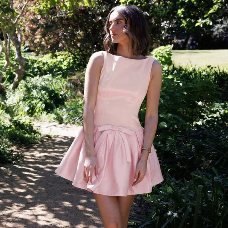 Backless Bow Pleated Sleeveless Mini Dress