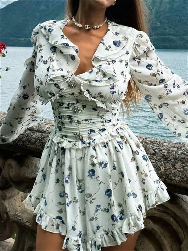 Ruffled TAVIMART V Neck Printed Mini Dress Female Bandage Autumn Fashion Lace Up Contrast Drawstring Dress For Women Party Dress