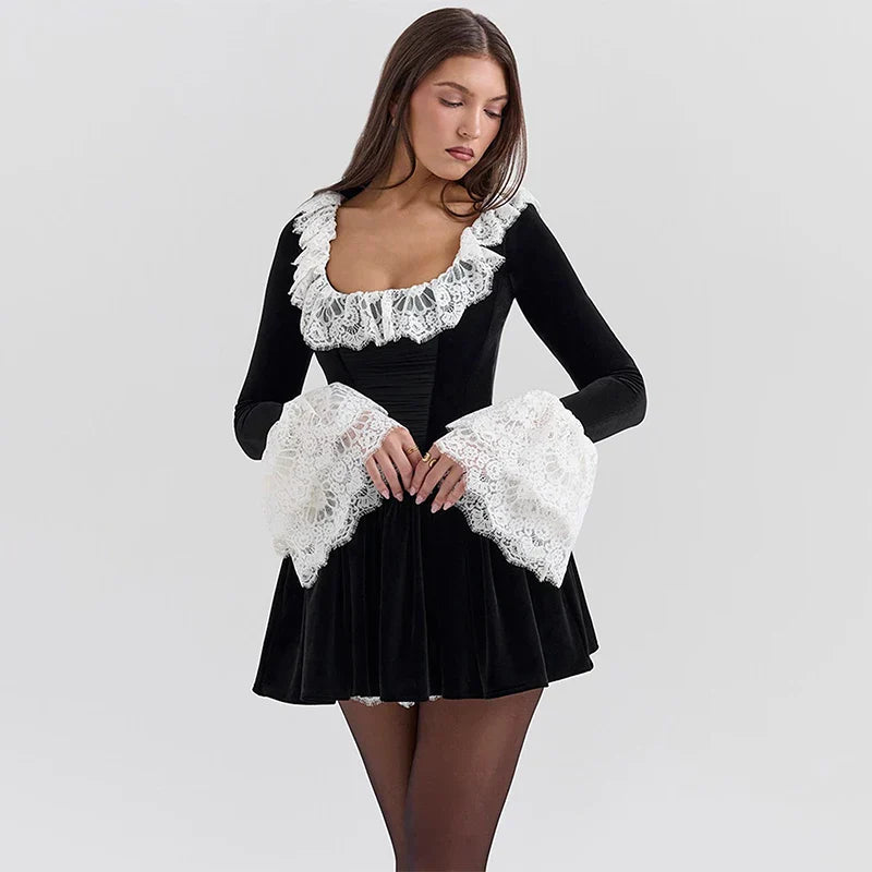 Lace Velvet Patchwork Wrap Mini Dress