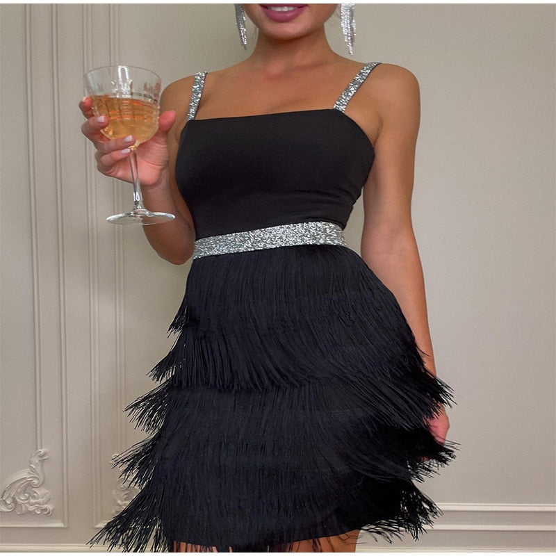 Kissnovaa - Off Shoulder Suspender Fringed Slim Dress