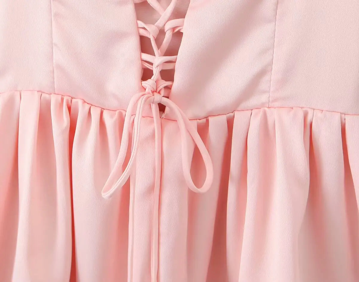 2025 Pleated Design Tie up Sleeveless Summer Dresses Women Solid Color Fitted Fit Mini Dress Simple Fashion Party Dress