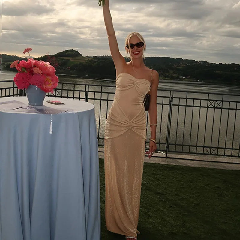 Graceful Strapless Long Maxi Mermaid Dress 2025 Women Sleeveless High Waist Ruched Backless Weddiing Party Evening Prom Dresses