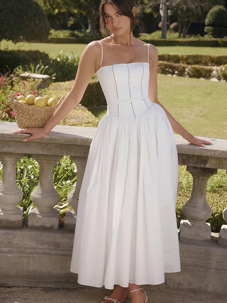 Spaghetti White Strap Backless Midi Dress