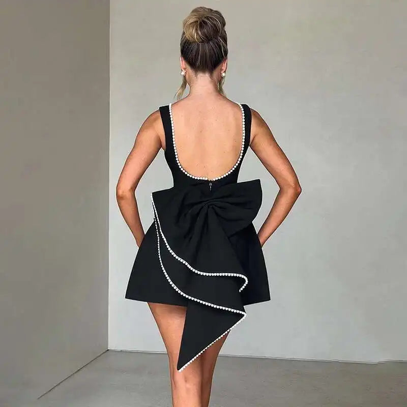 Bow Pearl Waist Wrap Backless Mini Dress