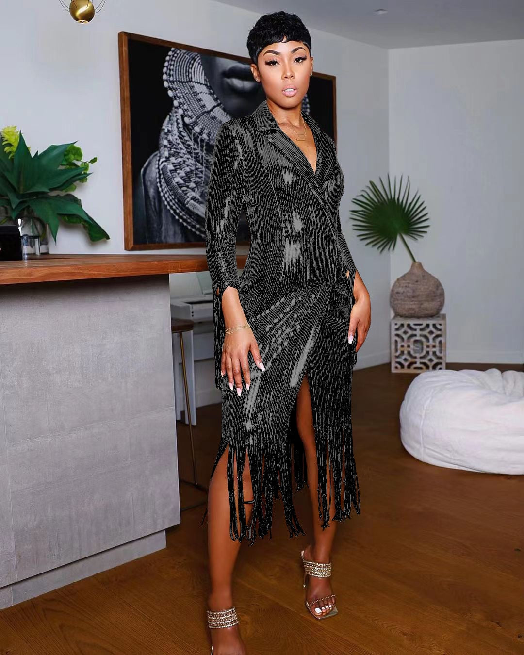 Kissnovaa - Solid Notched Tassel Sequin Decoration Knee Length Dress