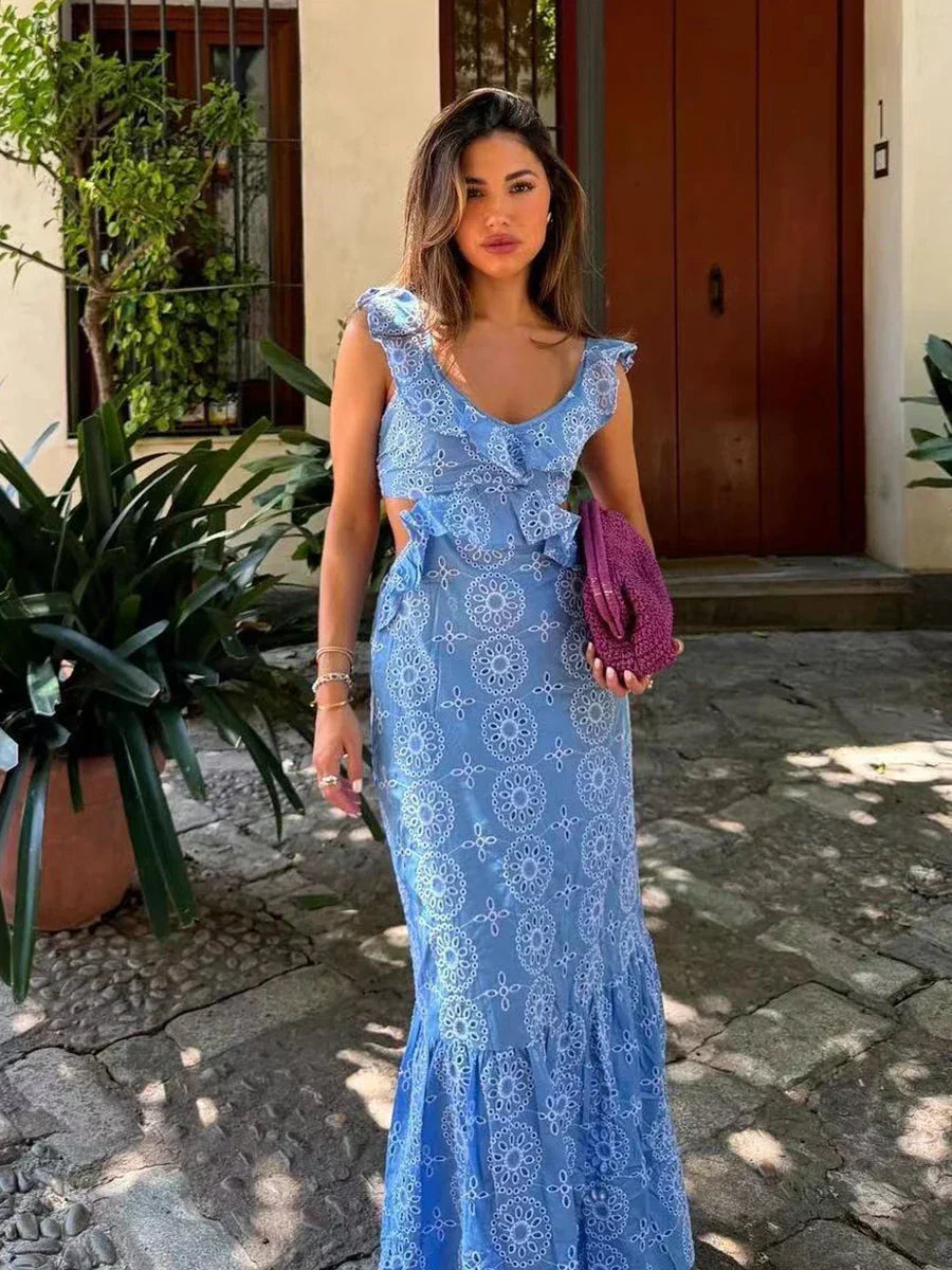 Blue Hollow Out Embroidered Midi Dress Women Summer V Neck Sleeveless Ruffle Long Dresses Refined Fashion Holiday Vestidos
