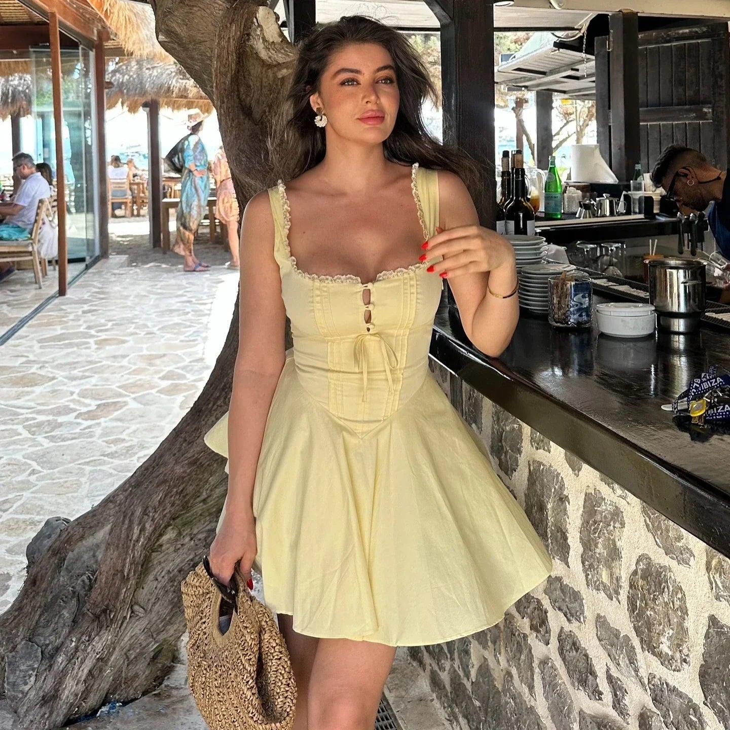 Hollow Lace A Line Yellow Holiday Mini Dress
