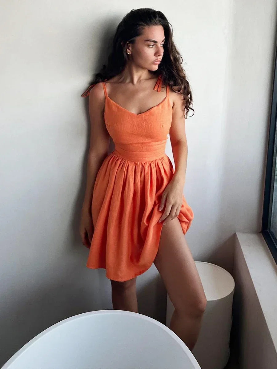 Neck V Spaghetti Strap Cotton Mini Dress