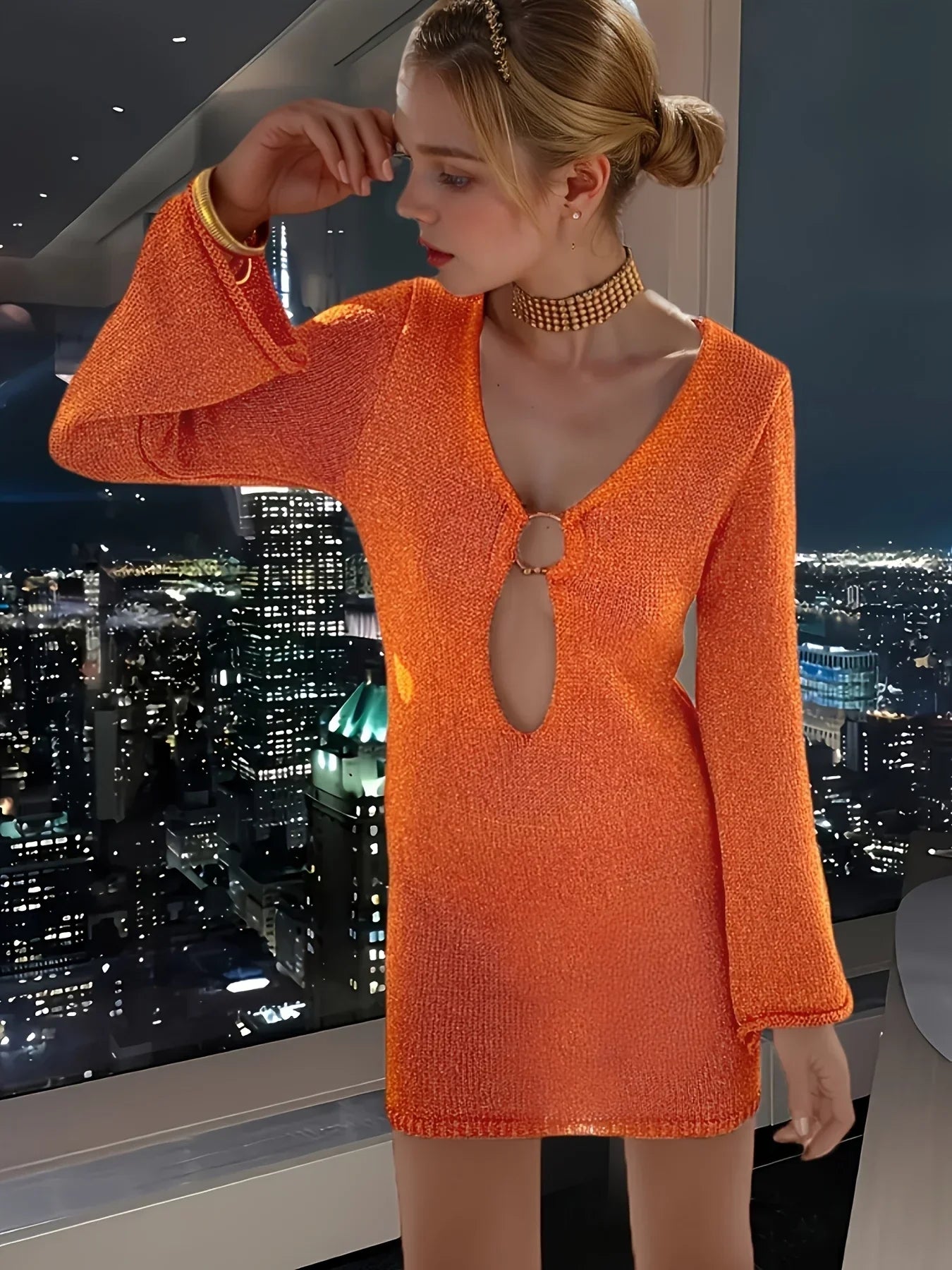 Flared Knitted Sleeve V Neck Mini Dress