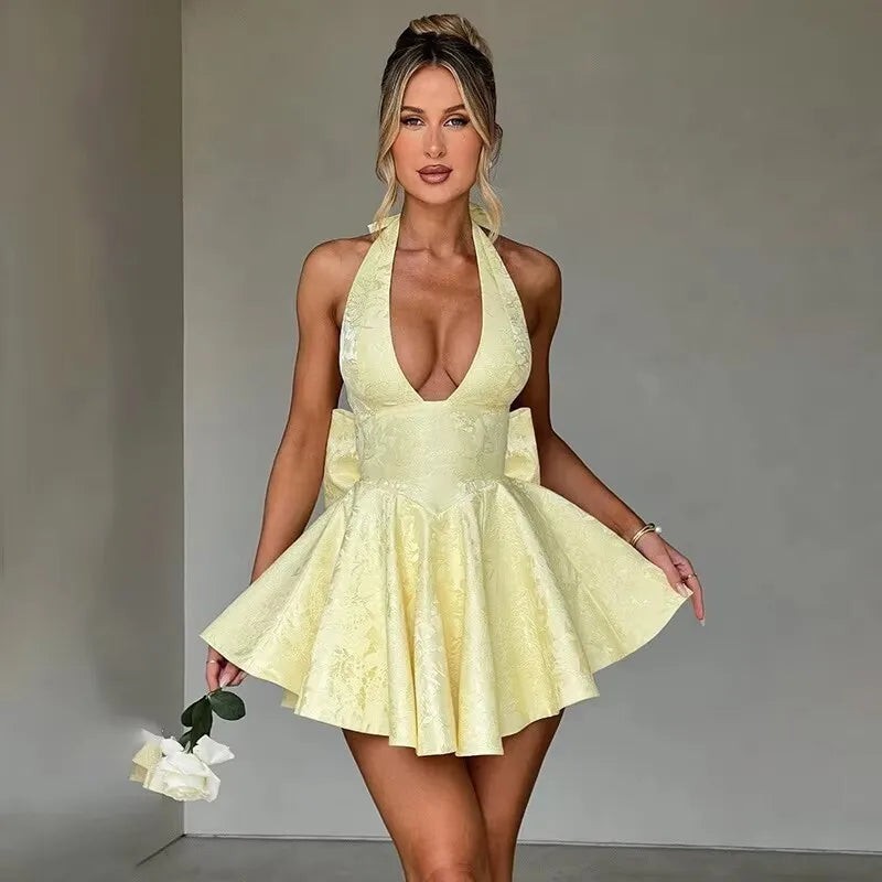 Backless Bow Jacquard A Line Mini Dress