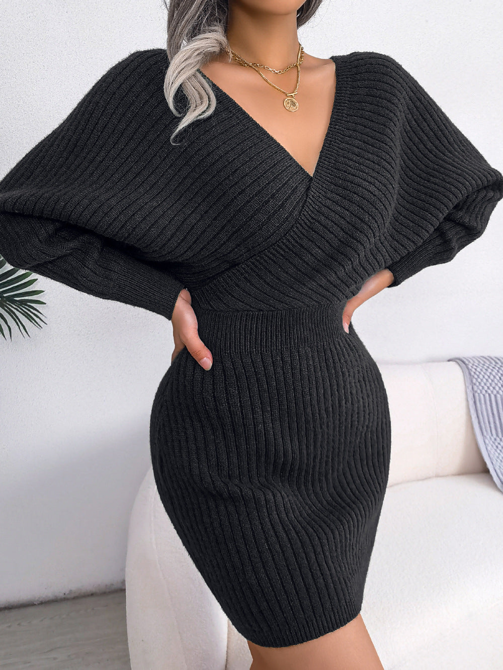 Sweater Dresses Refined Deep V Neck Mini Dress Batwing Long Sleeve Knitted Winter Dresses