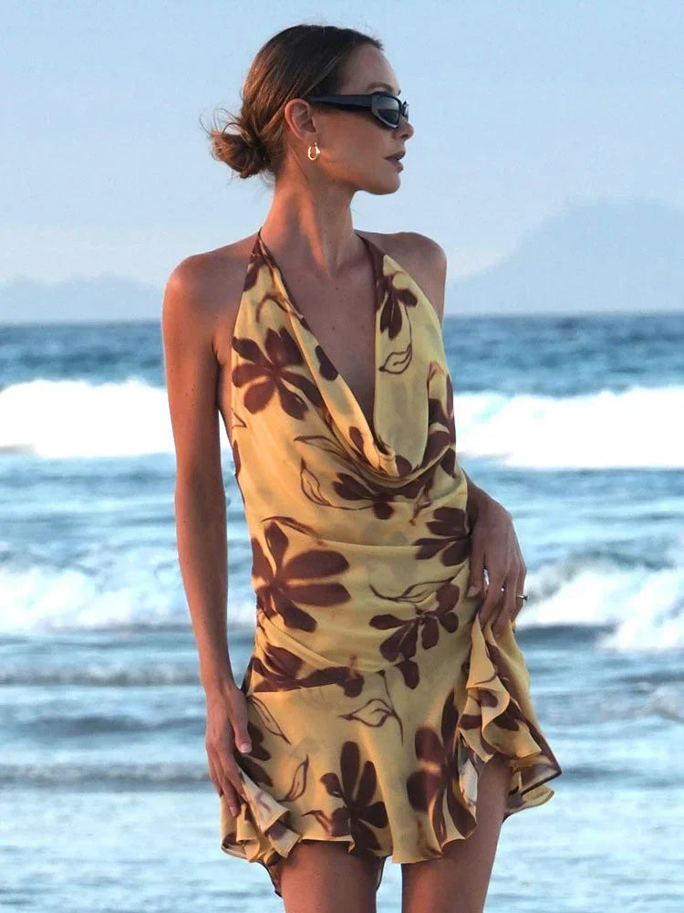 Print Contrast LaceUp V Neck Mini Dress